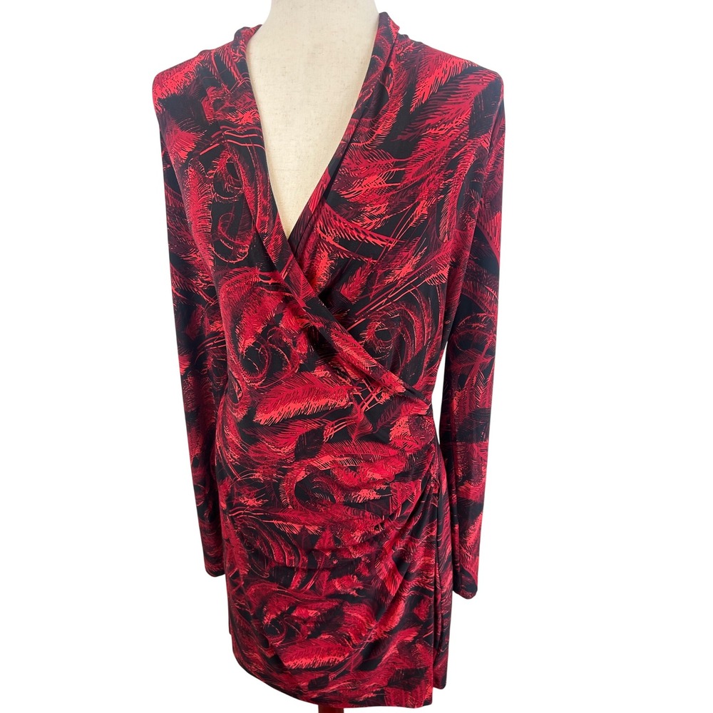 Norma Kamali Wrap Dress Women's Size XL XG Feather Print Long Sleeve Cocktail